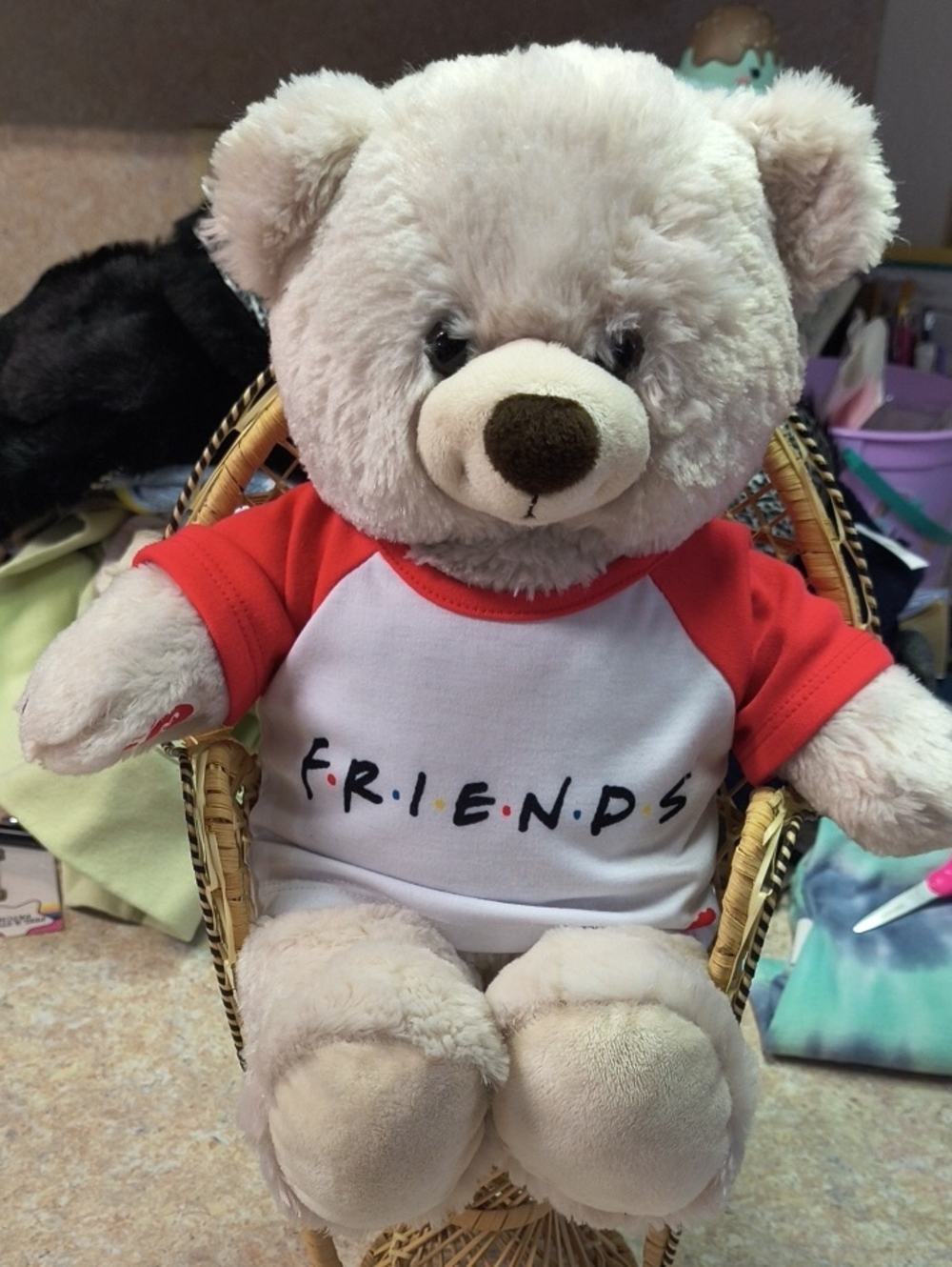 Build-A-Bear Cream Teddy Bear with Red and White FRIENDS Shirt